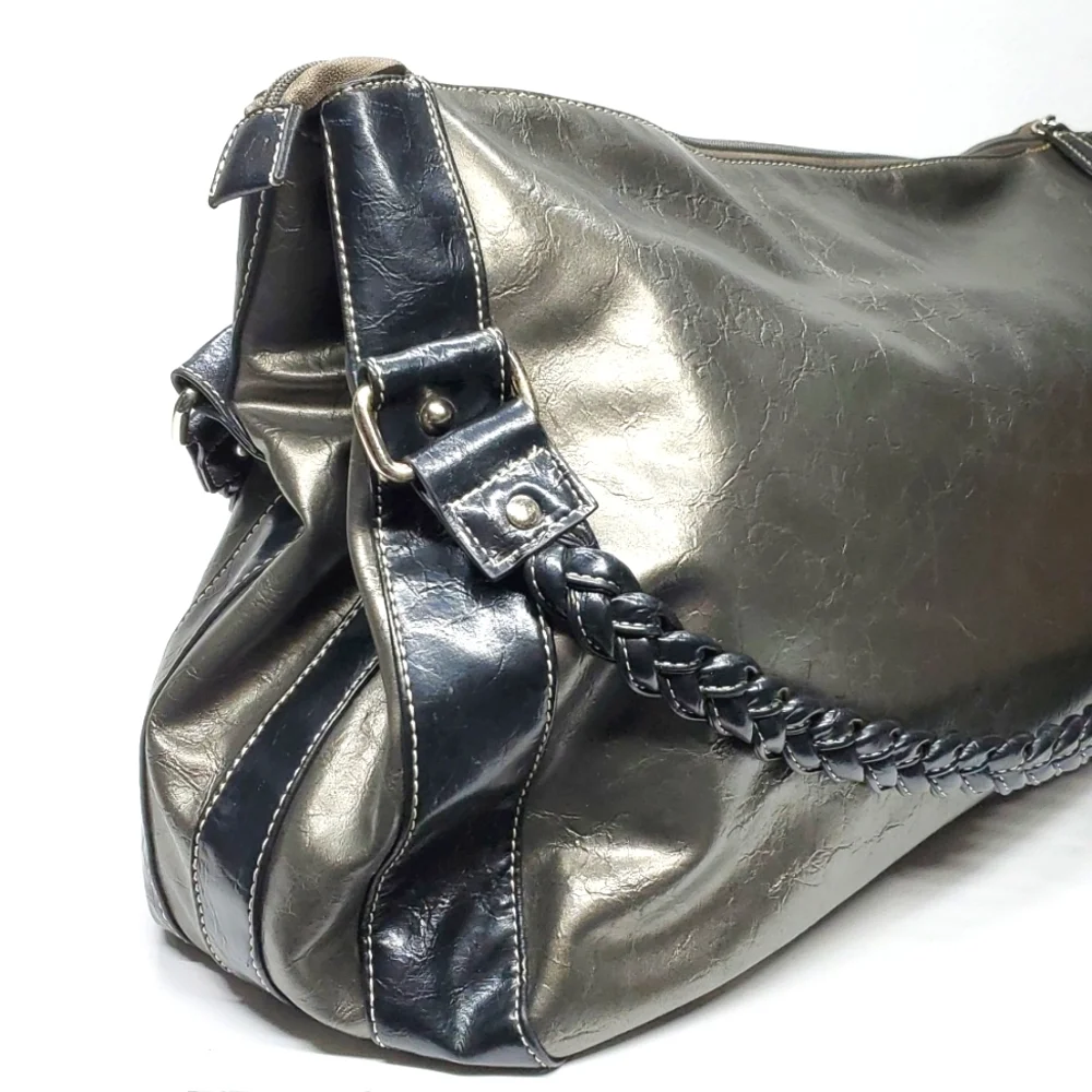 Extra Large Metallic Taupe Black Braided Straps Faux Leather Tote Bag EUC